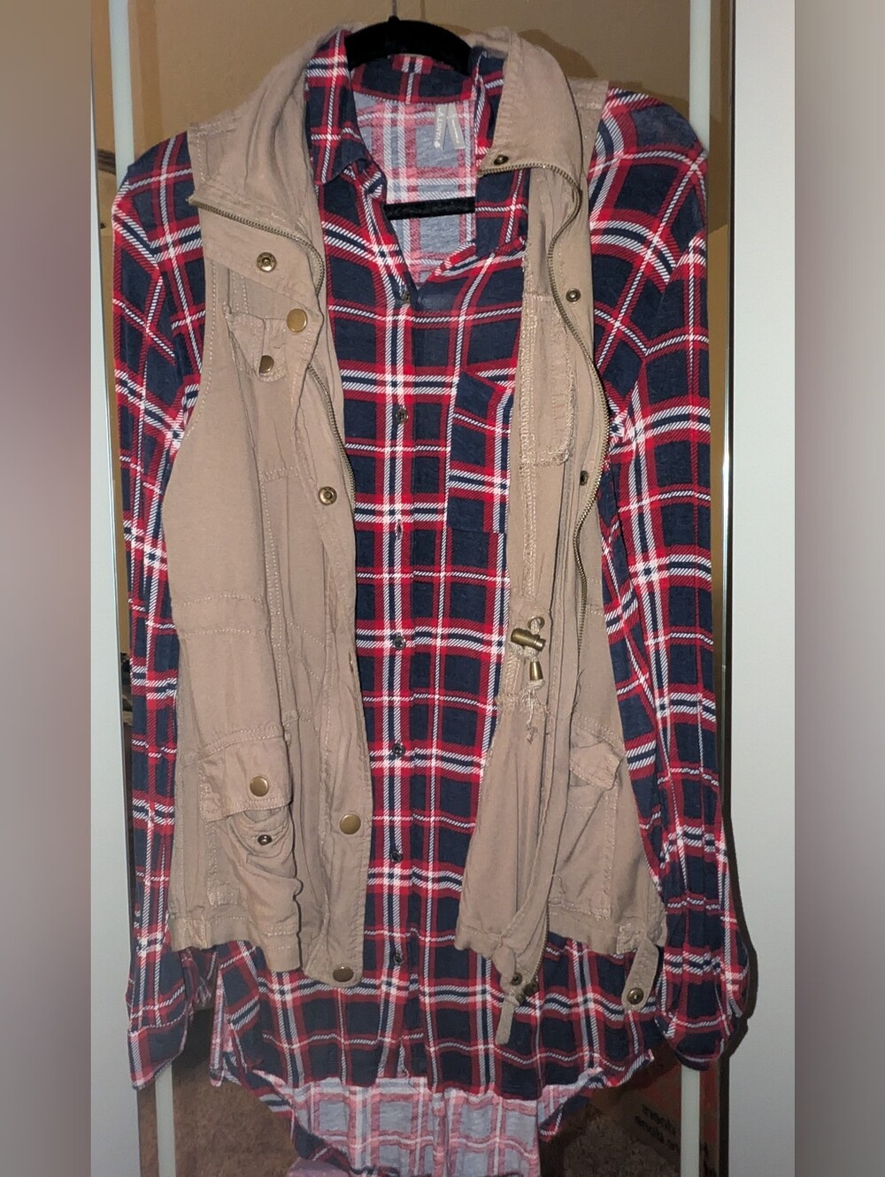 Vanity Red & Navy Plaid Shirt with Tan Utility Vest